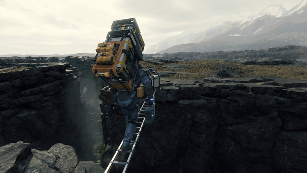 Death Stranding: Norman Reedus using ladder to climb over canyon