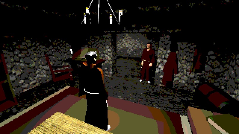 Screenshot from Black Relic showing two priests in a room together.
