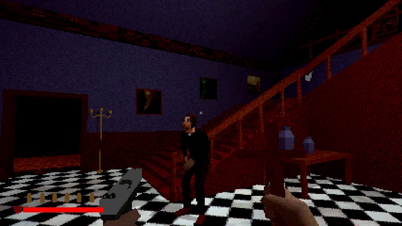 Screenshot from The House of Unrest showing a pizellated priest inside the mansion.
