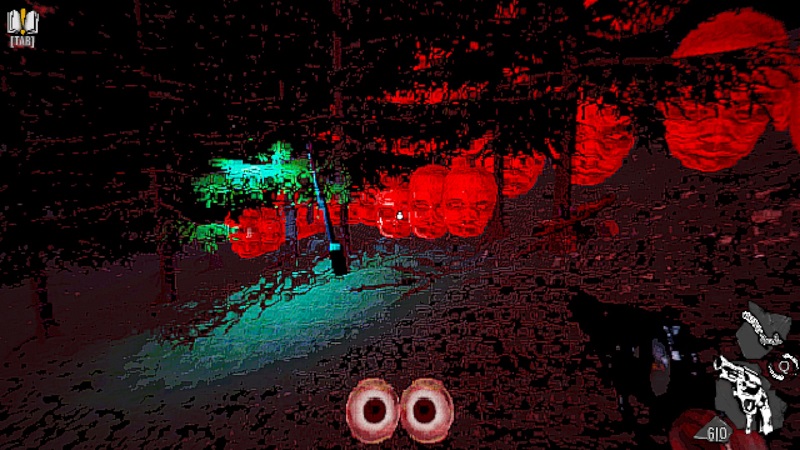 Screenshot from Rose of Meat showing a dark forest with giant red baby heads. You heard me.