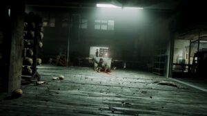 Screenshot from the new Outlast Trials trailer which shows an injured man in the distance.