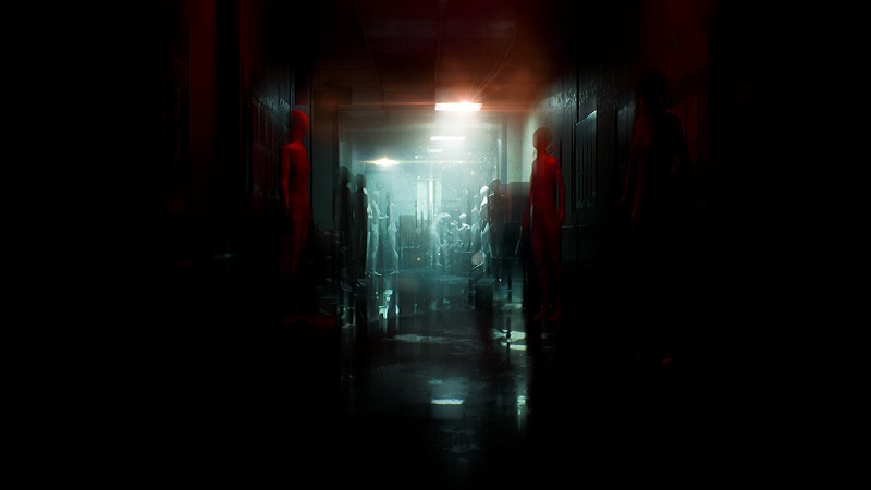 Unfollow: a very dark corridor with mannequins against the walls.